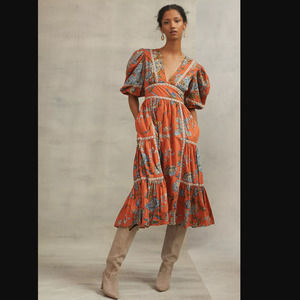 Anthropologie Puff-Sleeve Tiered Midi Dress - New - XS